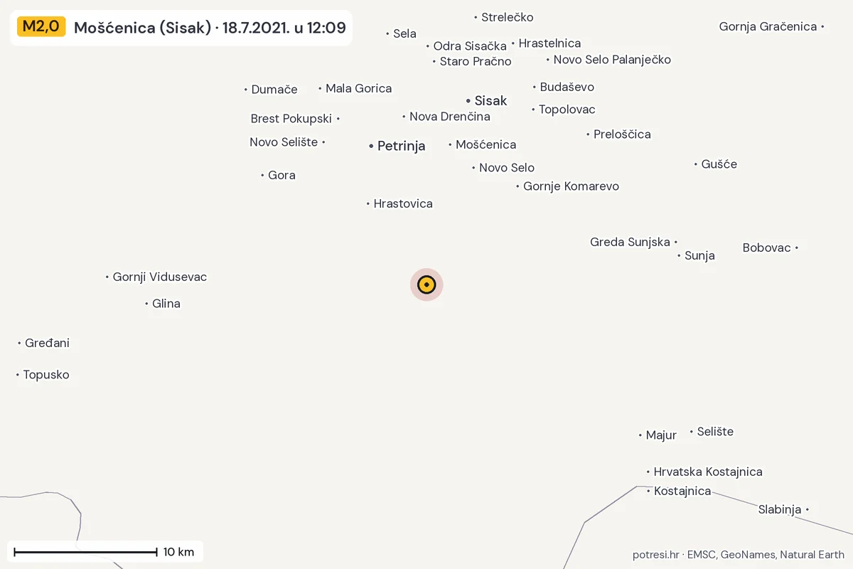 Karta: okolica epicentra, 60 km, potres M2,0, Mošćenica (Sisak), 18.7.2021.