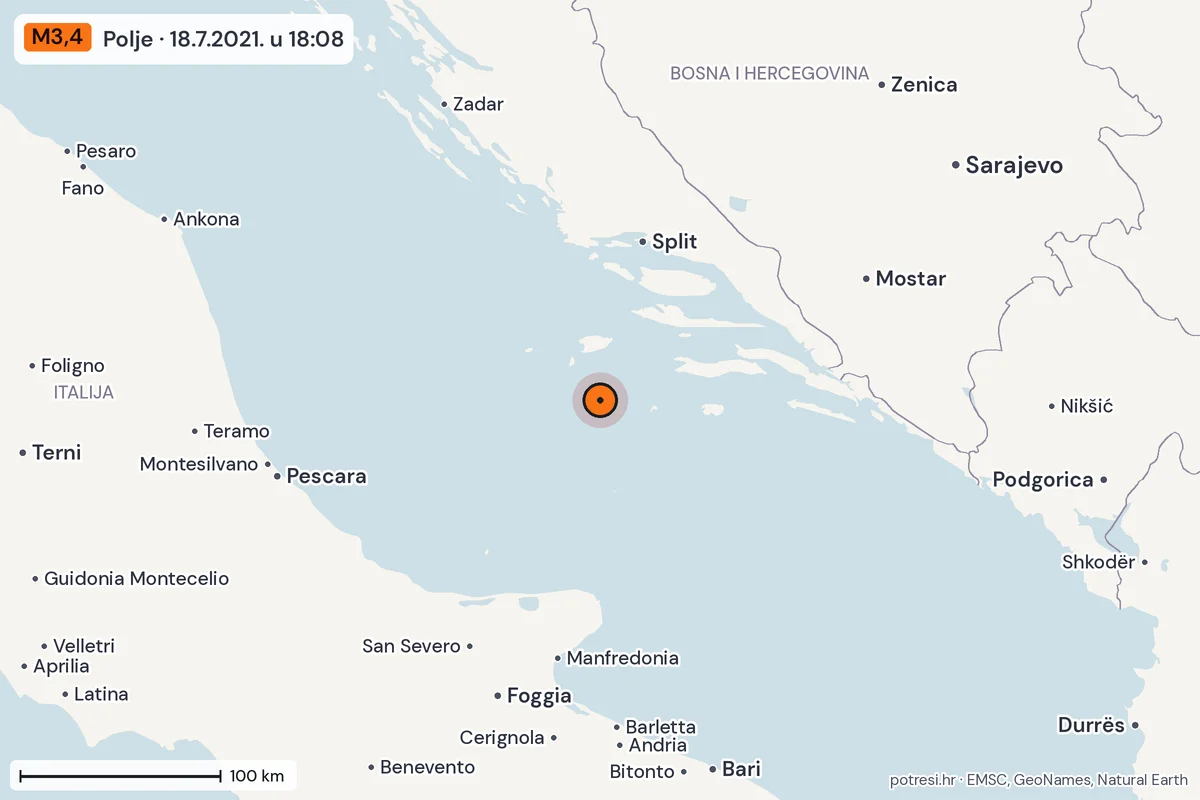 Karta: šire područje, 600 km, potres M3,4, Polje, 18.7.2021.