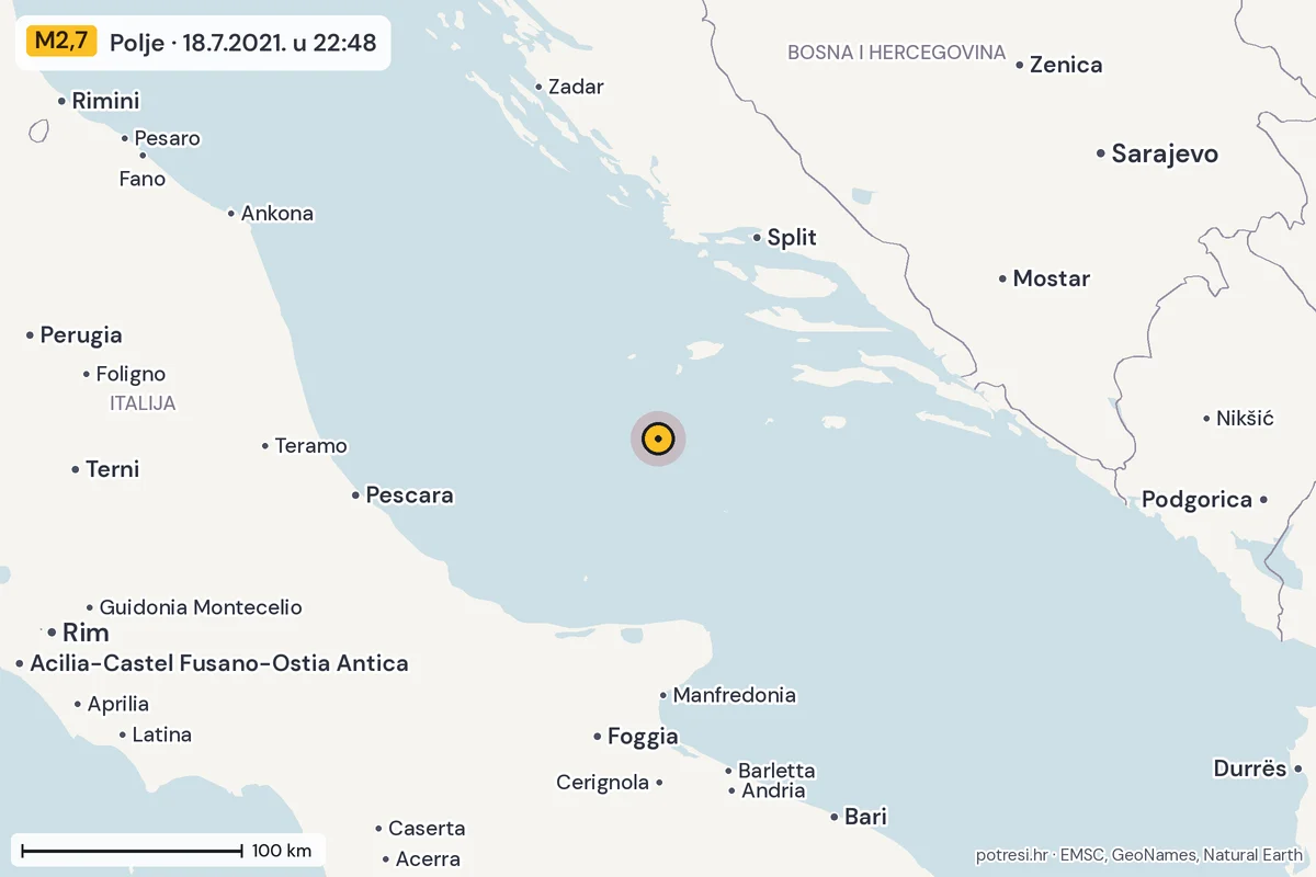 Karta: šire područje, 600 km, potres M2,7, Polje, 18.7.2021.