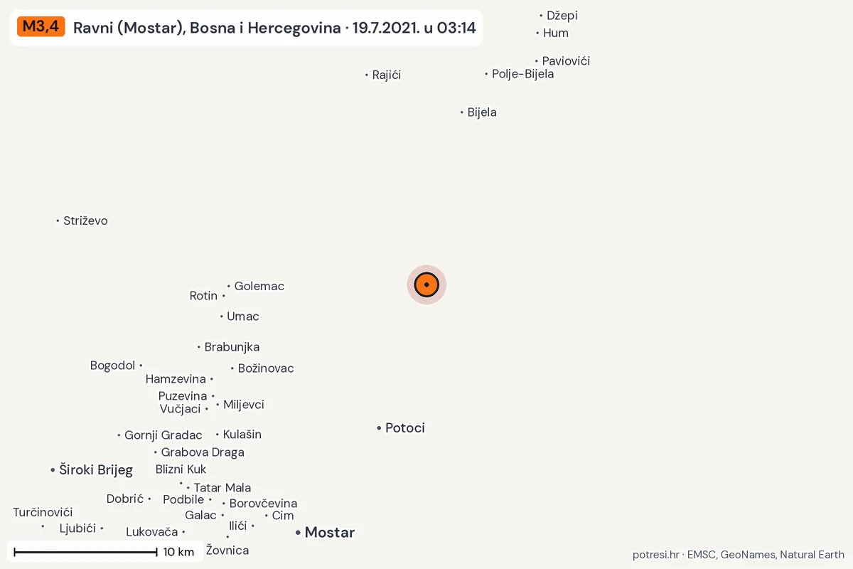Karta: okolica epicentra, 60 km, potres M3,4, Ravni (Mostar), Bosna i Hercegovina, 19.7.2021.