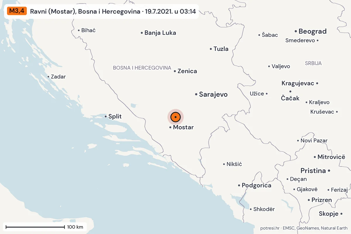Karta: šire područje, 600 km, potres M3,4, Ravni (Mostar), Bosna i Hercegovina, 19.7.2021.