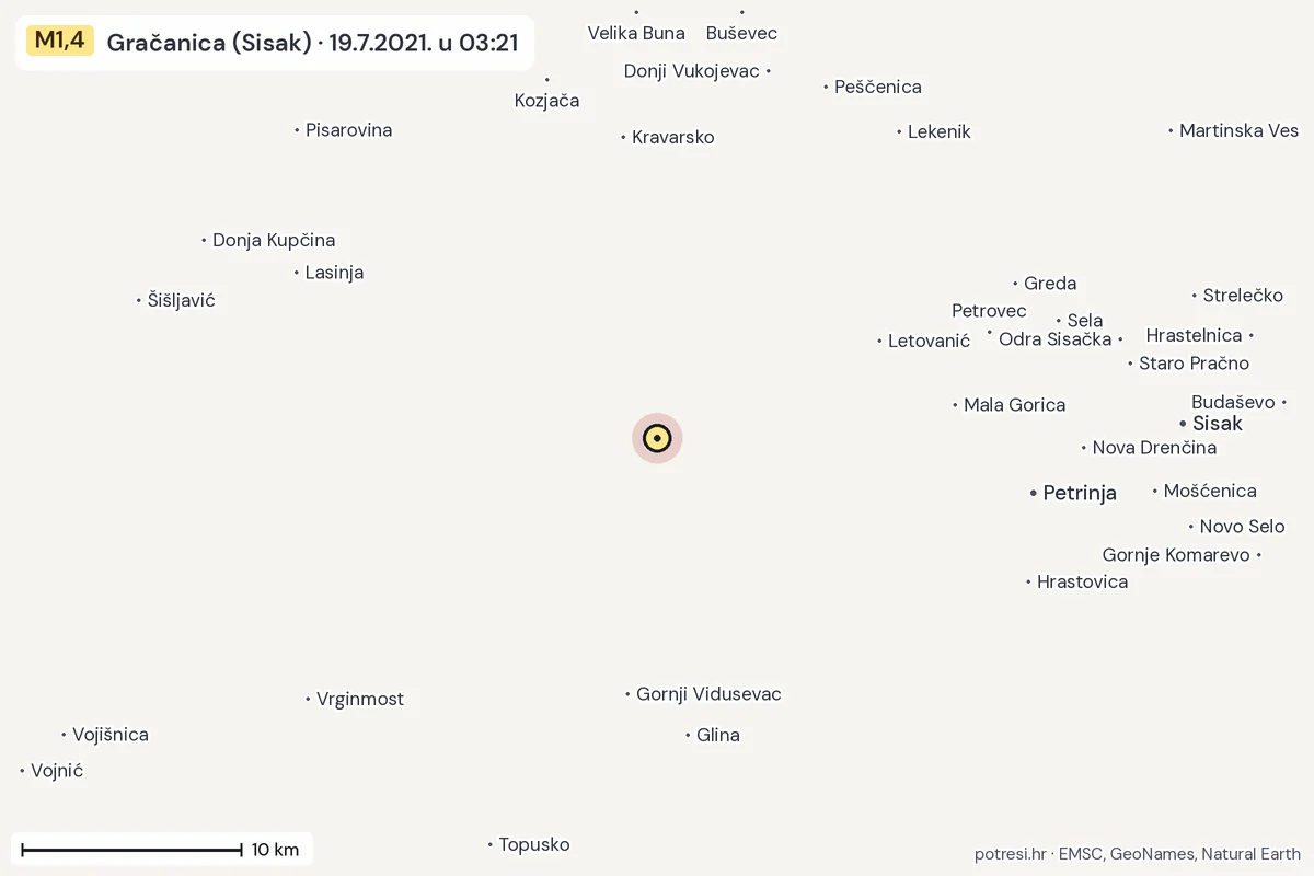 Karta: okolica epicentra, 60 km, potres M1,4, Gračanica (Sisak), 19.7.2021.