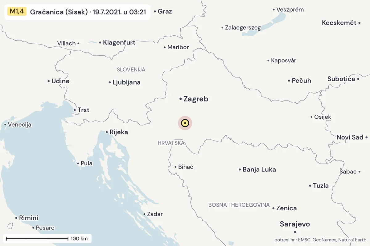 Karta: šire područje, 600 km, potres M1,4, Gračanica (Sisak), 19.7.2021.