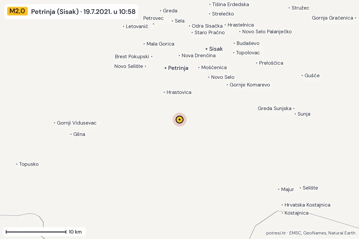 Karta: okolica epicentra, 60 km, potres M2,0, Petrinja (Sisak), 19.7.2021.