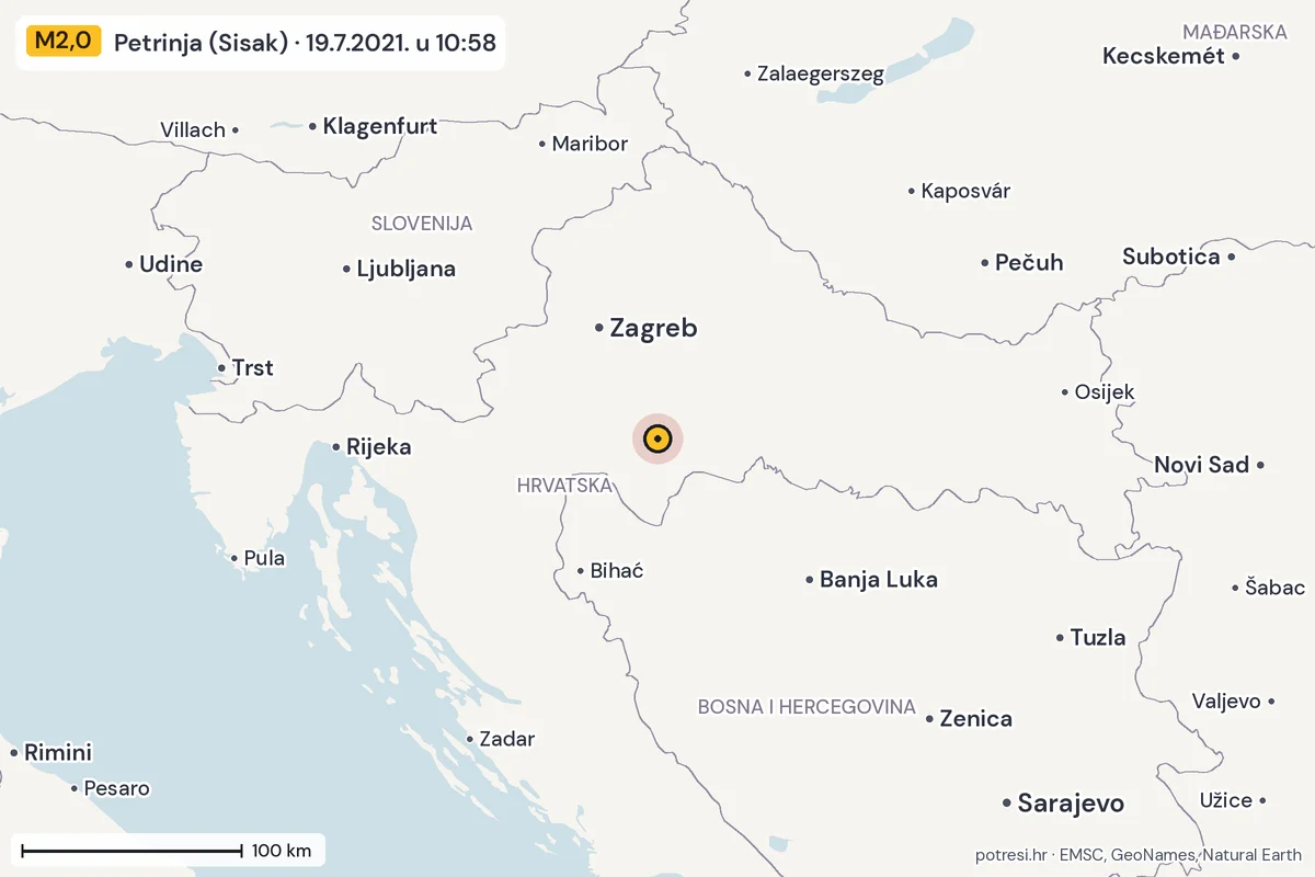 Karta: šire područje, 600 km, potres M2,0, Petrinja (Sisak), 19.7.2021.