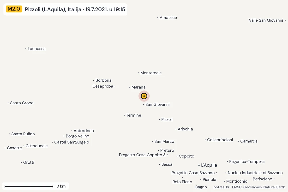 Karta: okolica epicentra, 60 km, potres M2,0, Pizzoli (L'Aquila), Italija, 19.7.2021.