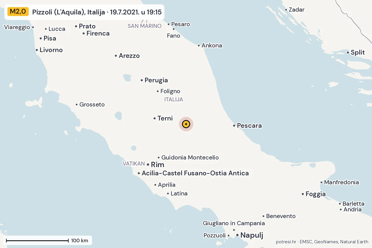 Karta: šire područje, 600 km, potres M2,0, Pizzoli (L'Aquila), Italija, 19.7.2021.
