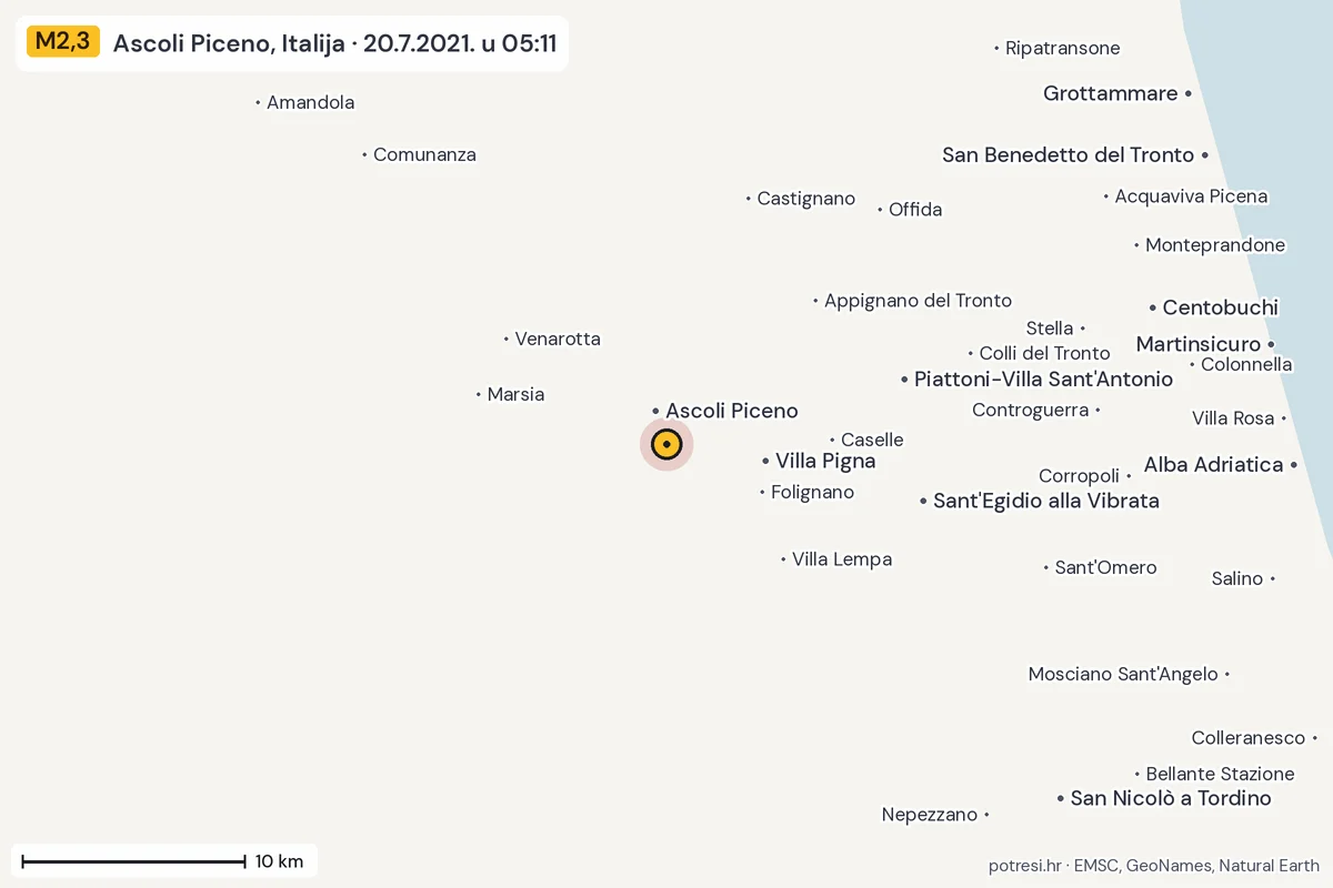 Karta: okolica epicentra, 60 km, potres M2,3, Ascoli Piceno, Italija, 20.7.2021.