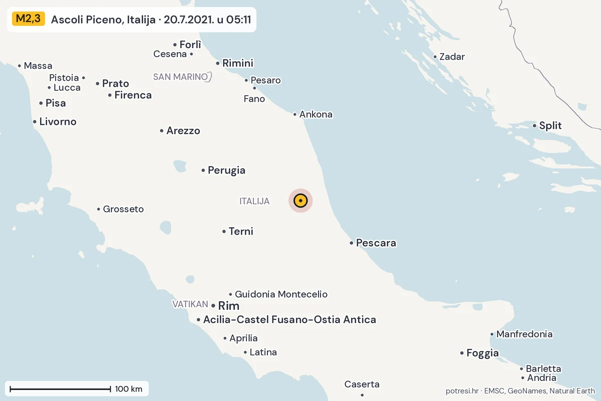 Karta: šire područje, 600 km, potres M2,3, Ascoli Piceno, Italija, 20.7.2021.