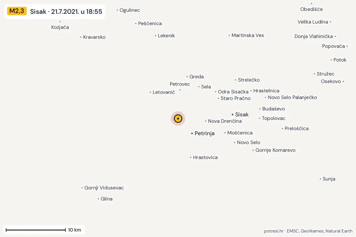 Karta: okolica epicentra, 60 km, potres M2,3, Sisak, 21.7.2021.