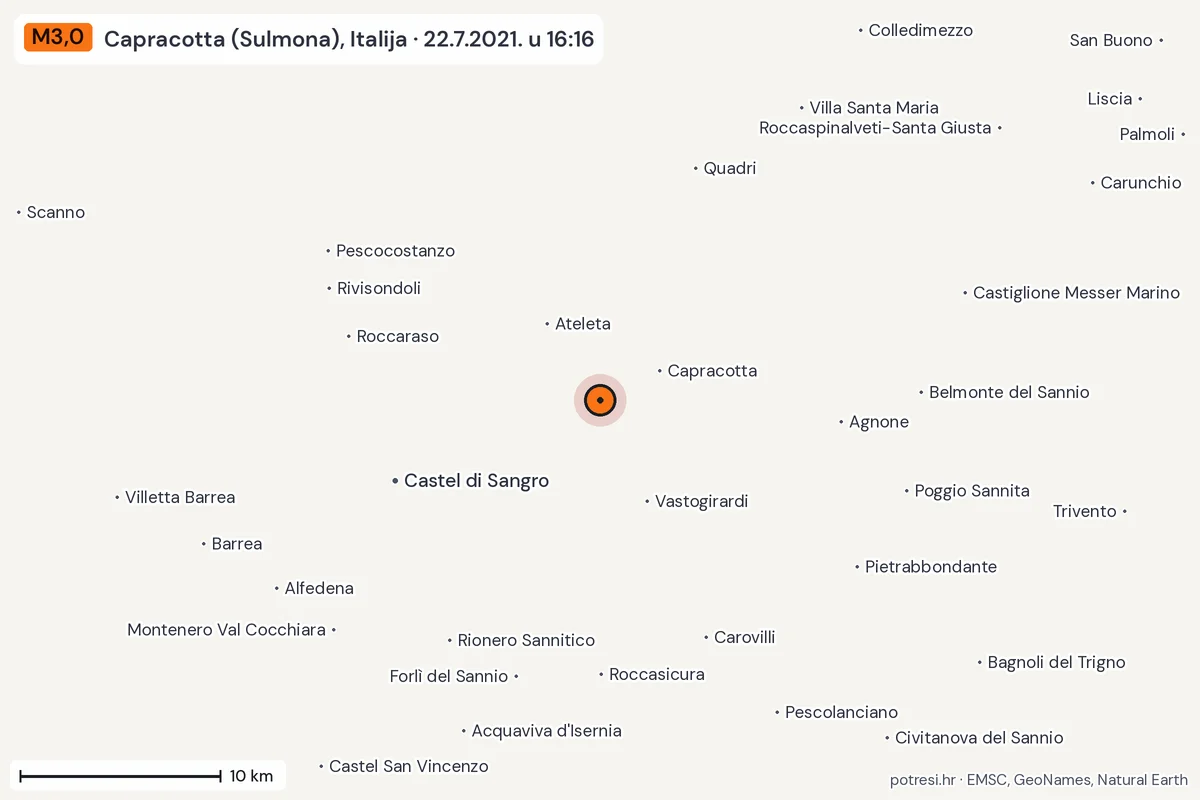 Karta: okolica epicentra, 60 km, potres M3,0, Capracotta (Sulmona), Italija, 22.7.2021.