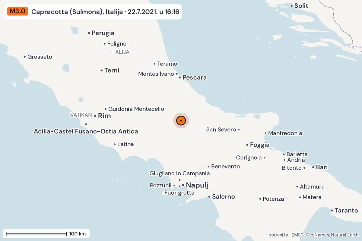 Karta: šire područje, 600 km, potres M3,0, Capracotta (Sulmona), Italija, 22.7.2021.