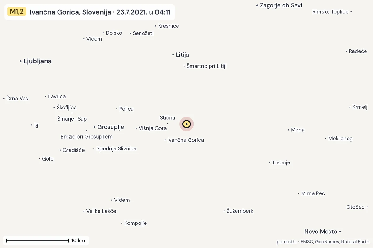 Karta: okolica epicentra, 60 km, potres M1,2, Ivančna Gorica, Slovenija, 23.7.2021.