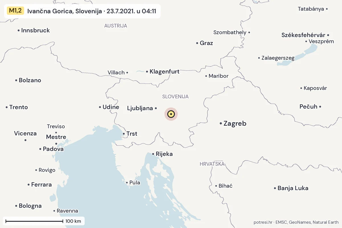 Karta: šire područje, 600 km, potres M1,2, Ivančna Gorica, Slovenija, 23.7.2021.