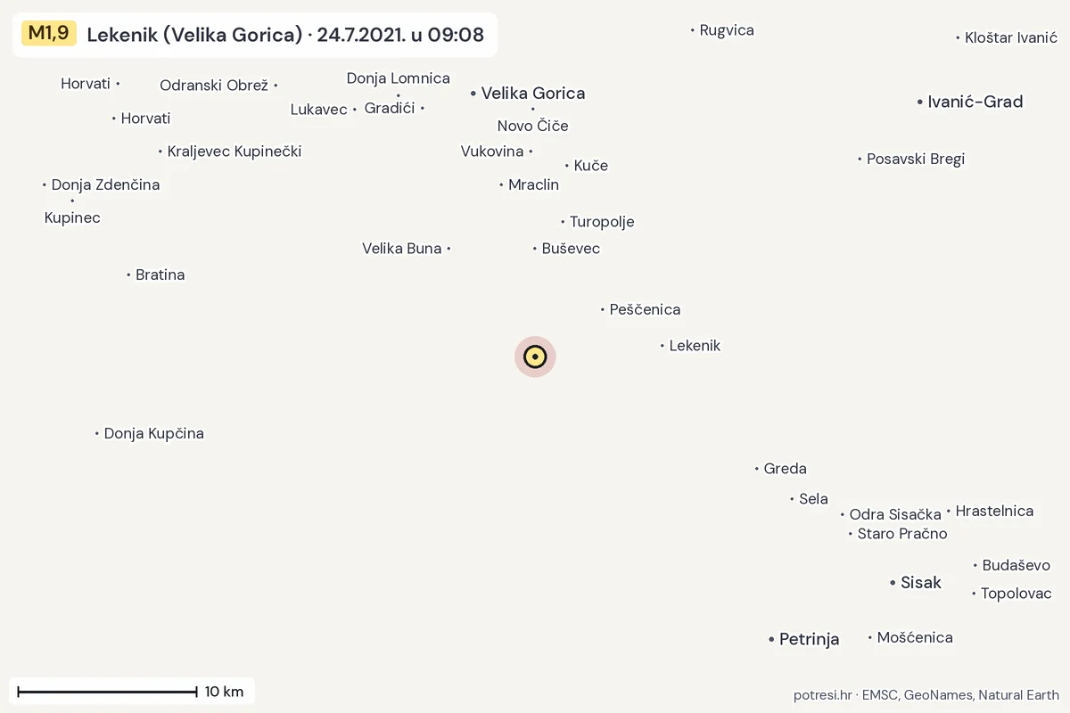 Karta: okolica epicentra, 60 km, potres M1,9, Lekenik (Velika Gorica), 24.7.2021.