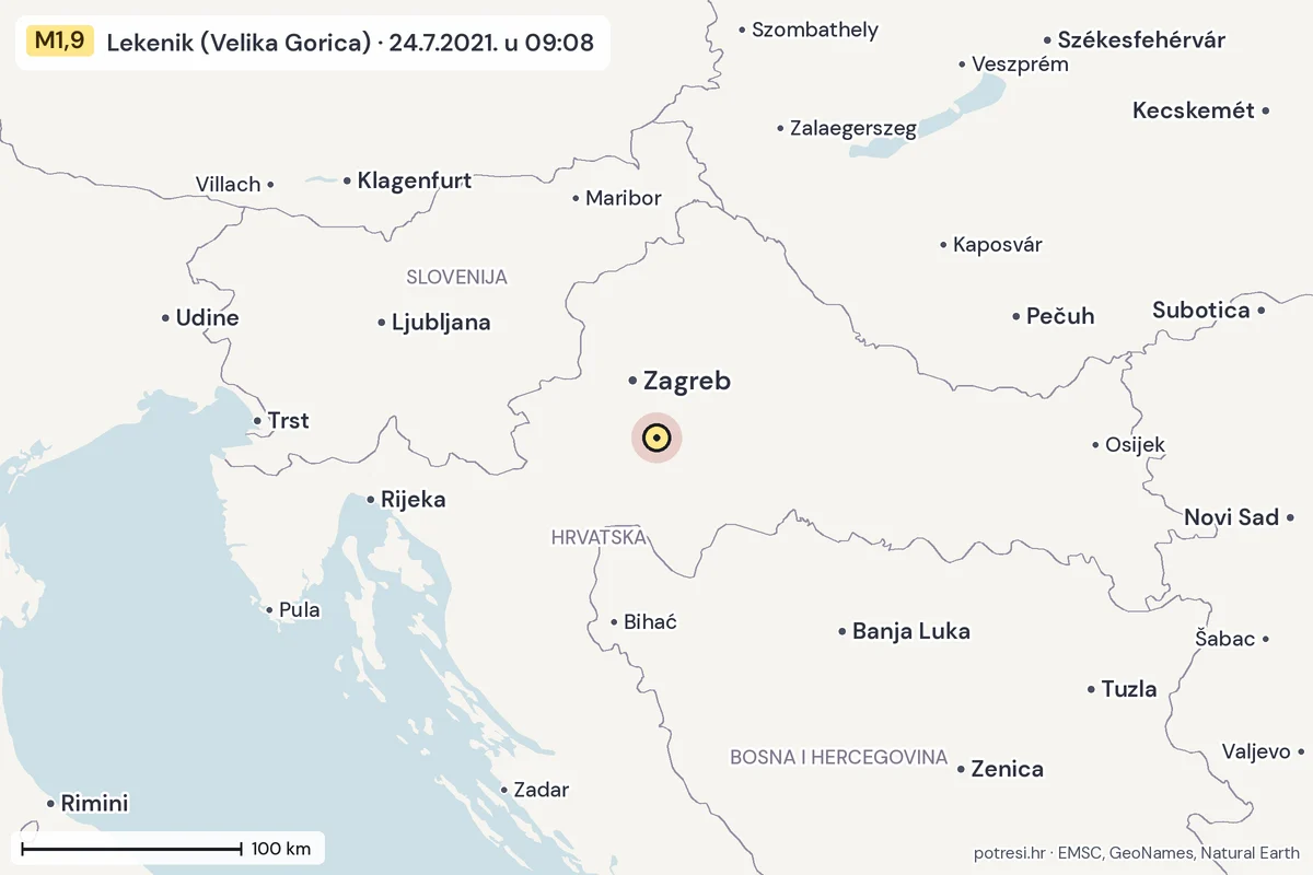 Karta: šire područje, 600 km, potres M1,9, Lekenik (Velika Gorica), 24.7.2021.