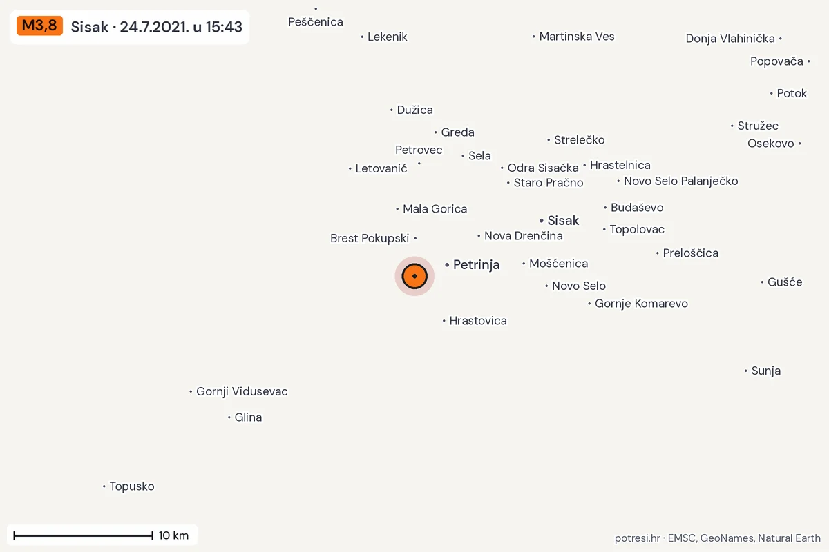 Karta: okolica epicentra, 60 km, potres M3,8, Sisak, 24.7.2021.
