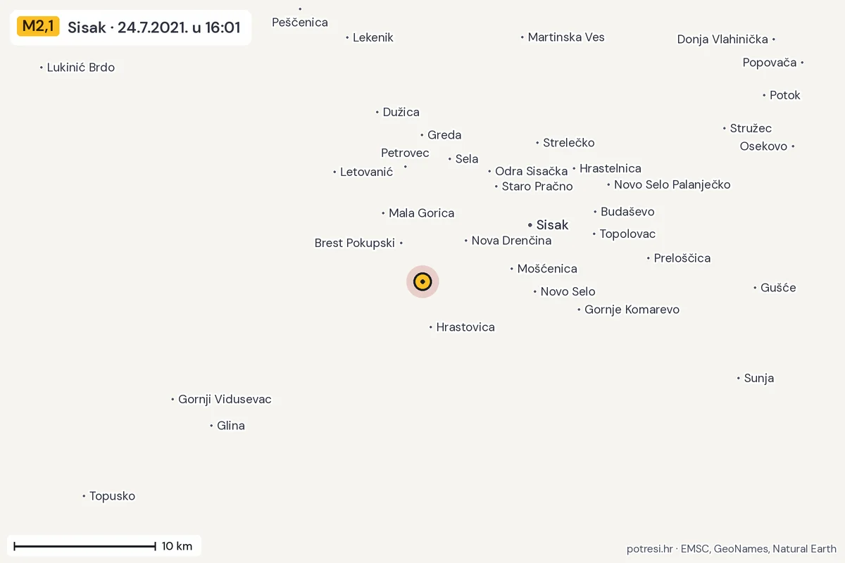 Karta: okolica epicentra, 60 km, potres M2,1, Sisak, 24.7.2021.