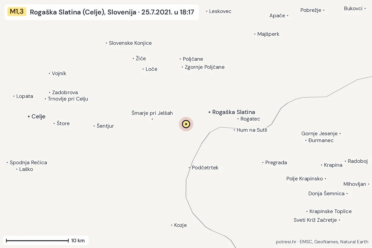 Karta: okolica epicentra, 60 km, potres M1,3, Rogaška Slatina (Celje), Slovenija, 25.7.2021.