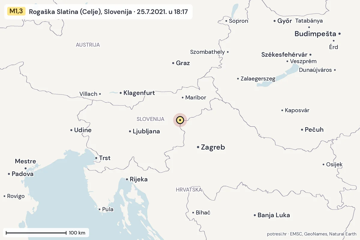 Karta: šire područje, 600 km, potres M1,3, Rogaška Slatina (Celje), Slovenija, 25.7.2021.