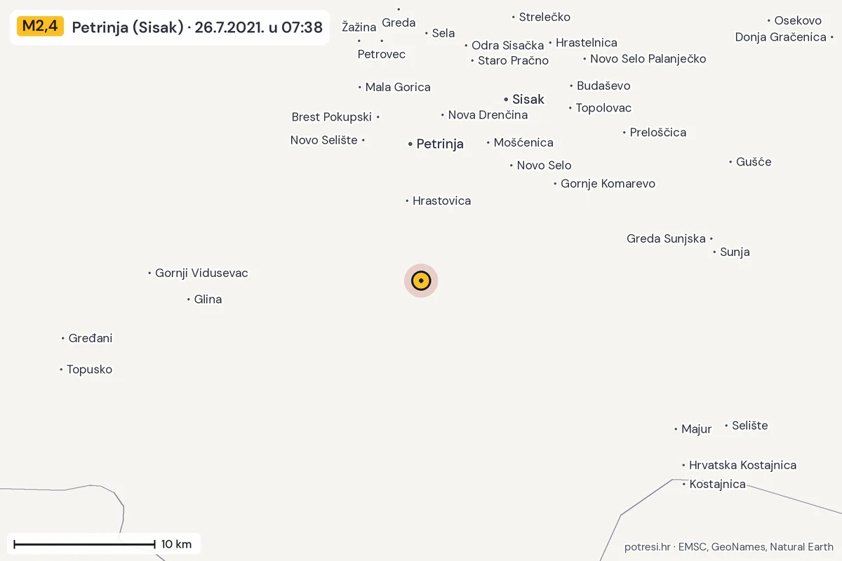 Karta: okolica epicentra, 60 km, potres M2,4, Petrinja (Sisak), 26.7.2021.