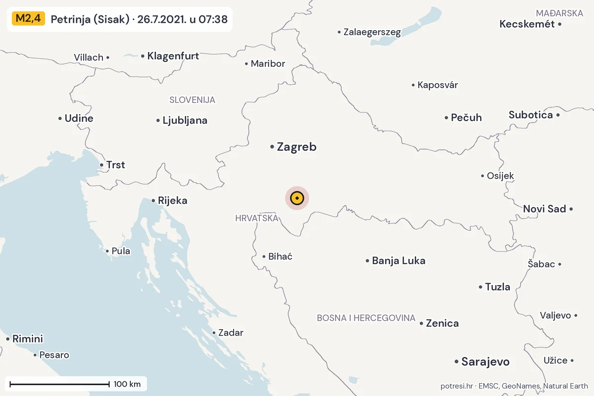 Karta: šire područje, 600 km, potres M2,4, Petrinja (Sisak), 26.7.2021.