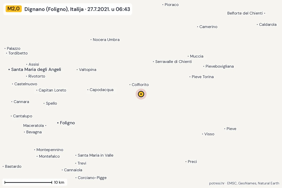 Karta: okolica epicentra, 60 km, potres M2,0, Dignano (Foligno), Italija, 27.7.2021.