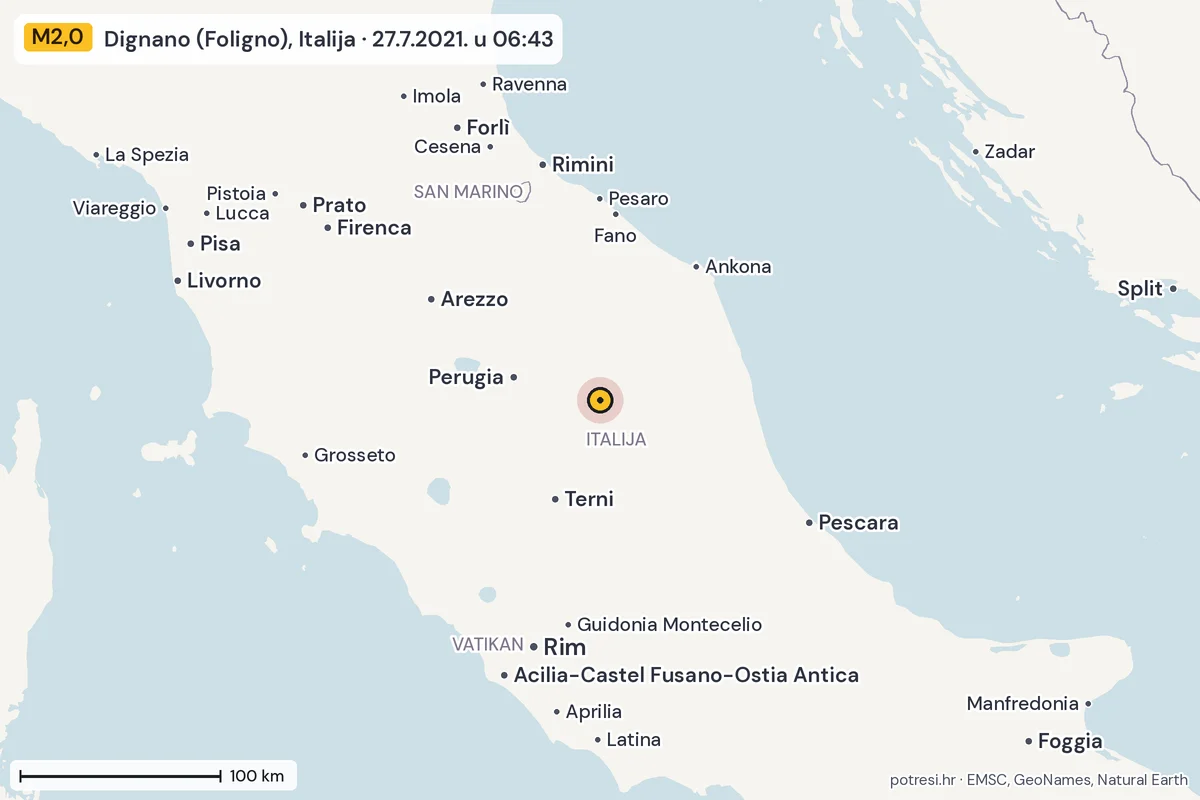 Karta: šire područje, 600 km, potres M2,0, Dignano (Foligno), Italija, 27.7.2021.