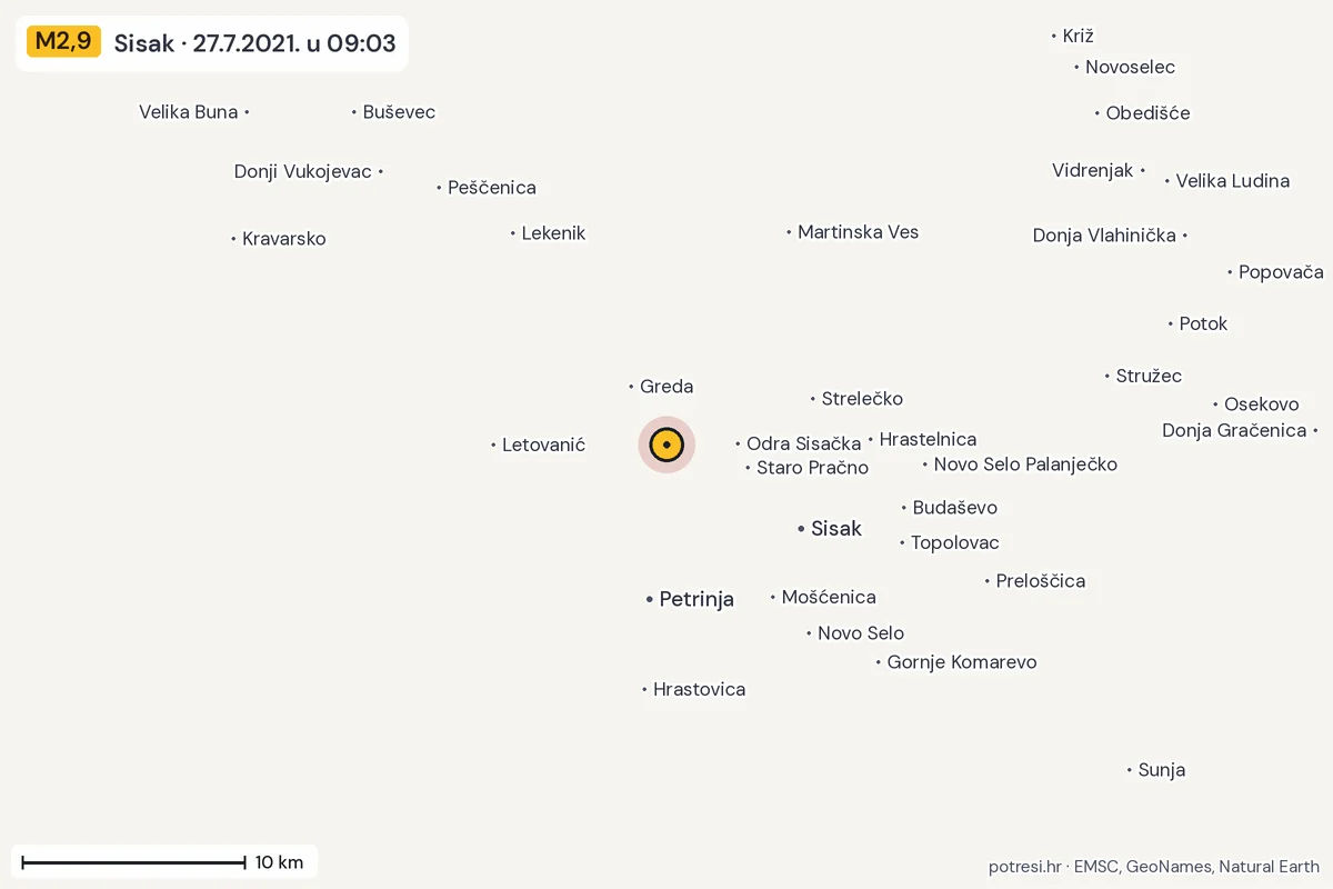 Karta: okolica epicentra, 60 km, potres M2,9, Sisak, 27.7.2021.