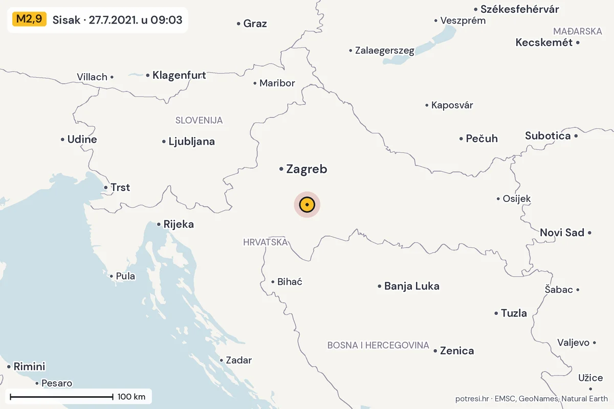 Karta: šire područje, 600 km, potres M2,9, Sisak, 27.7.2021.