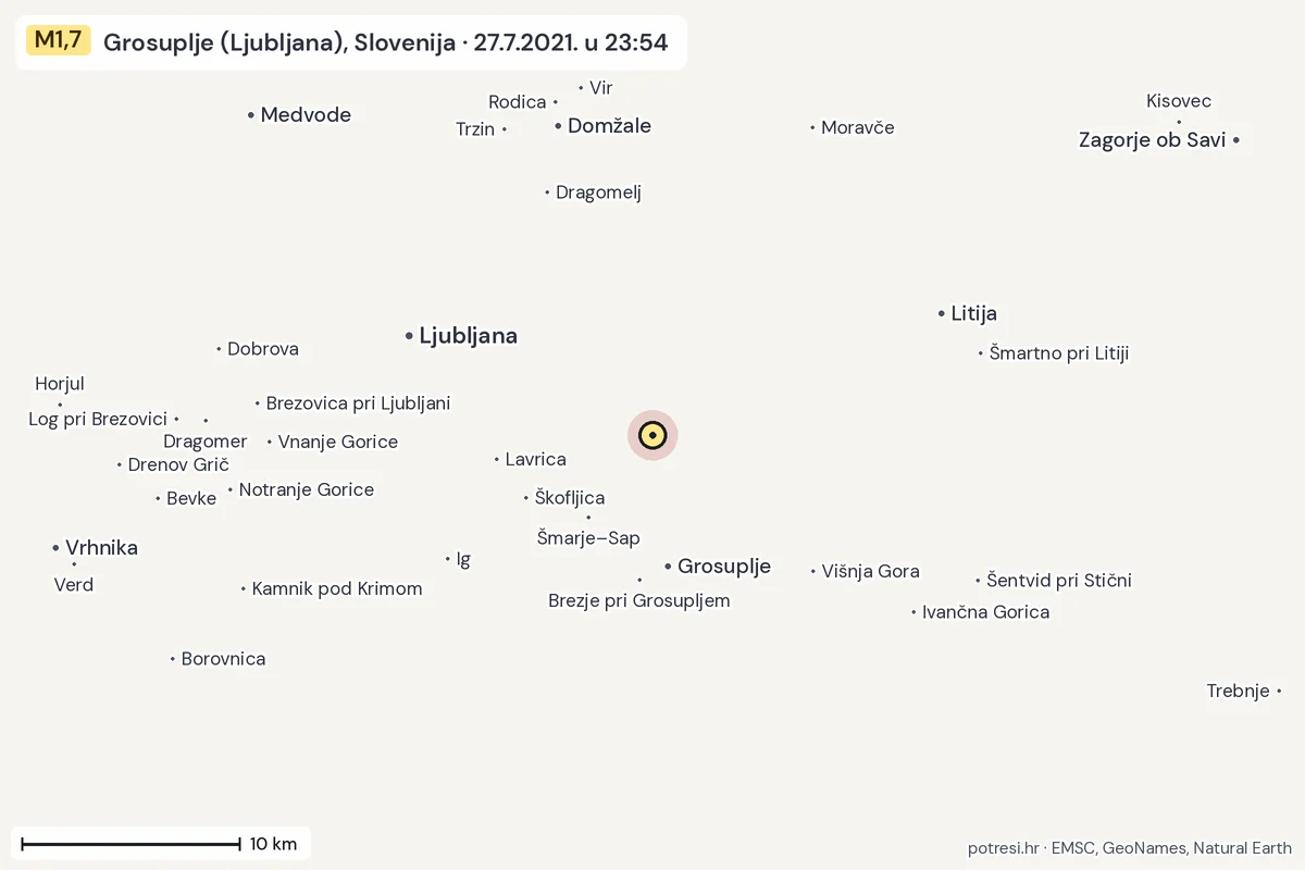 Karta: okolica epicentra, 60 km, potres M1,7, Grosuplje (Ljubljana), Slovenija, 27.7.2021.