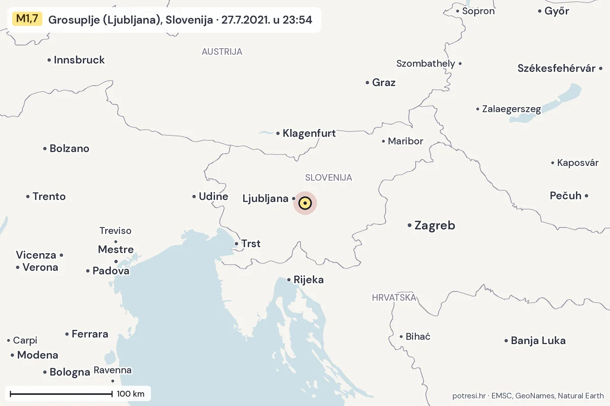 Karta: šire područje, 600 km, potres M1,7, Grosuplje (Ljubljana), Slovenija, 27.7.2021.