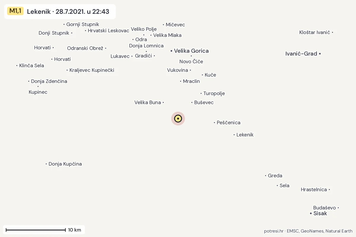 Karta: okolica epicentra, 60 km, potres M1,1, Lekenik, 28.7.2021.