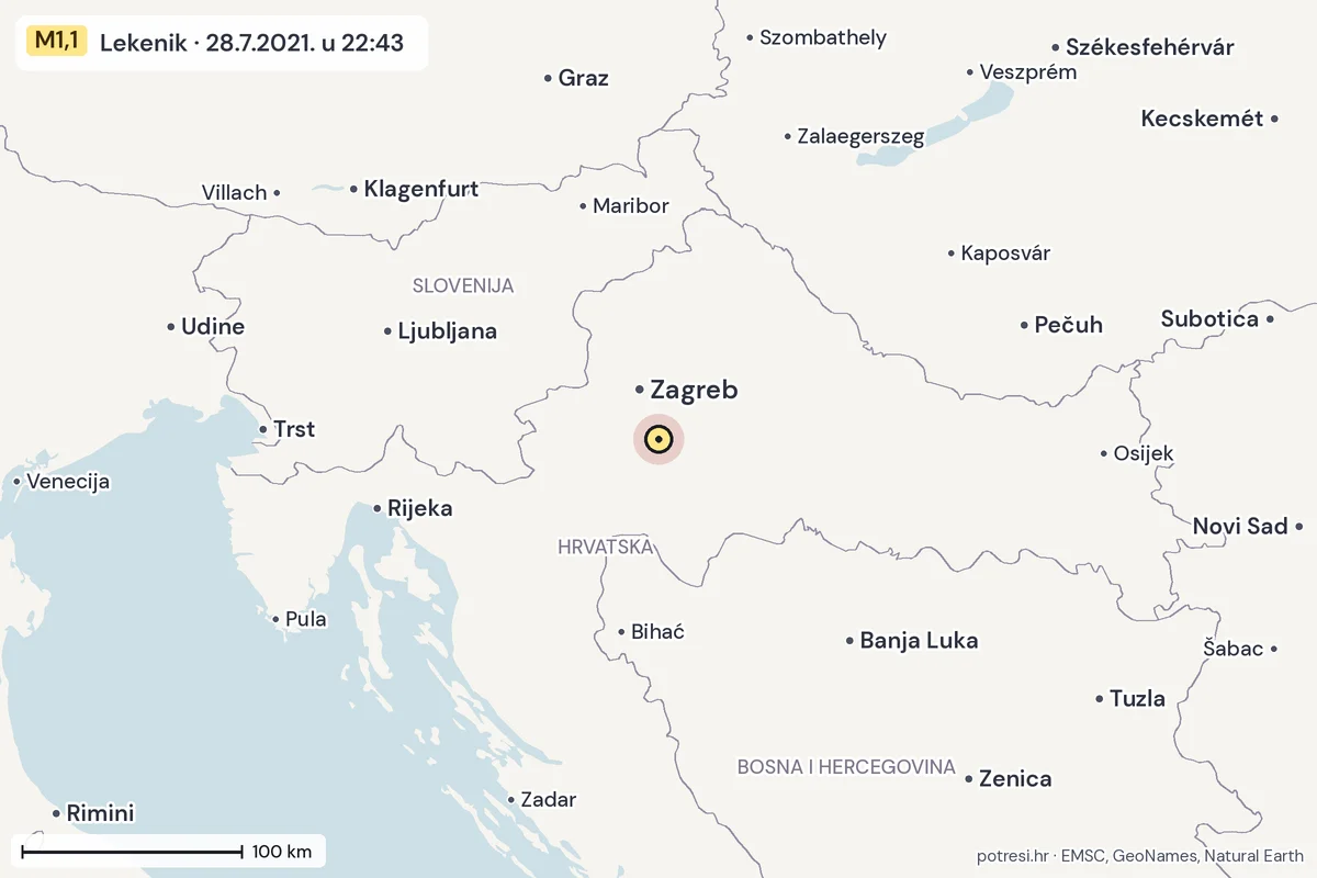 Karta: šire područje, 600 km, potres M1,1, Lekenik, 28.7.2021.