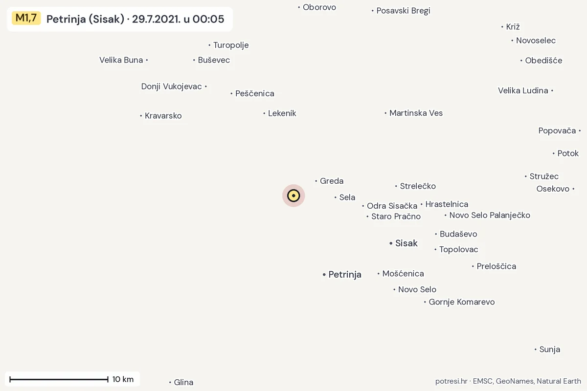 Karta: okolica epicentra, 60 km, potres M1,7, Petrinja (Sisak), 29.7.2021.