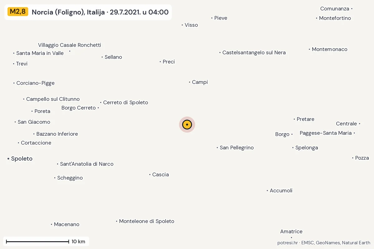 Karta: okolica epicentra, 60 km, potres M2,8, Norcia (Foligno), Italija, 29.7.2021.