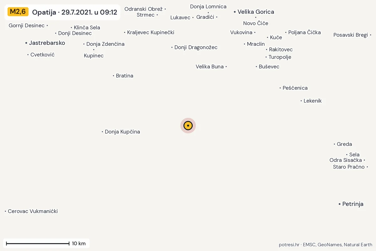 Karta: okolica epicentra, 60 km, potres M2,6, Opatija, 29.7.2021.