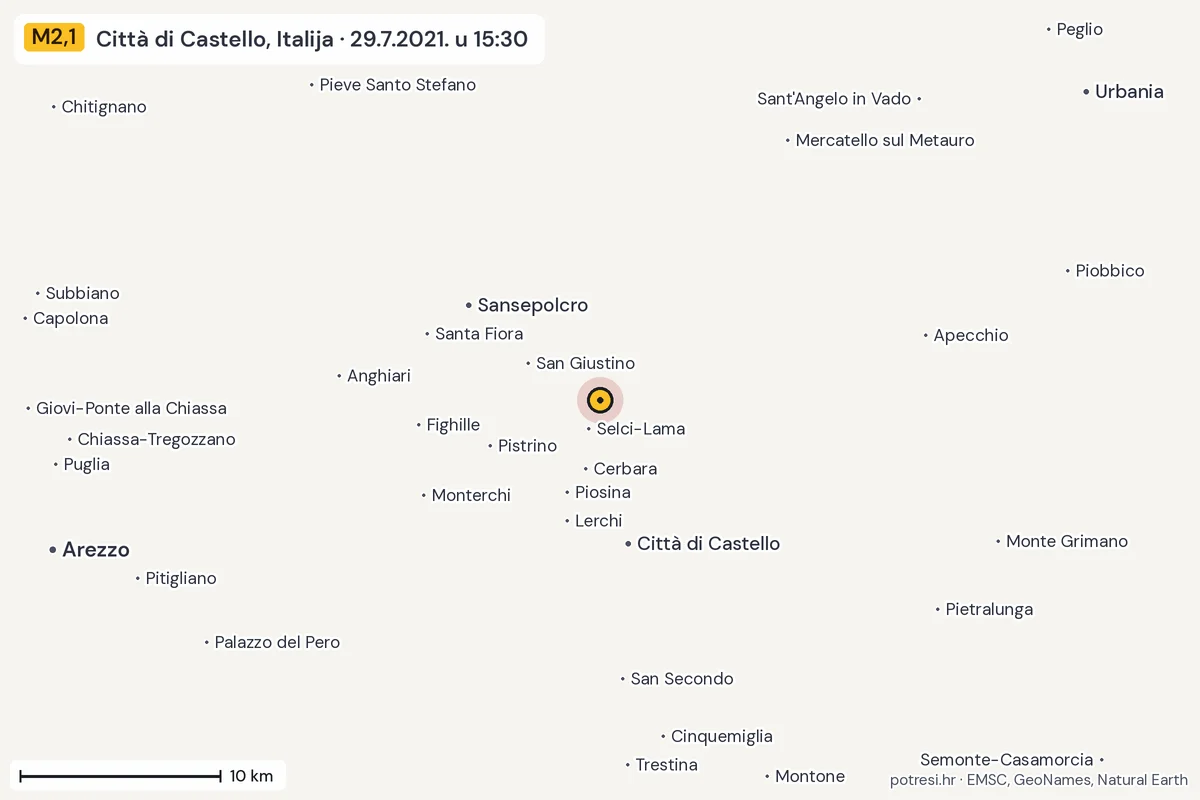 Karta: okolica epicentra, 60 km, potres M2,1, Città di Castello, Italija, 29.7.2021.