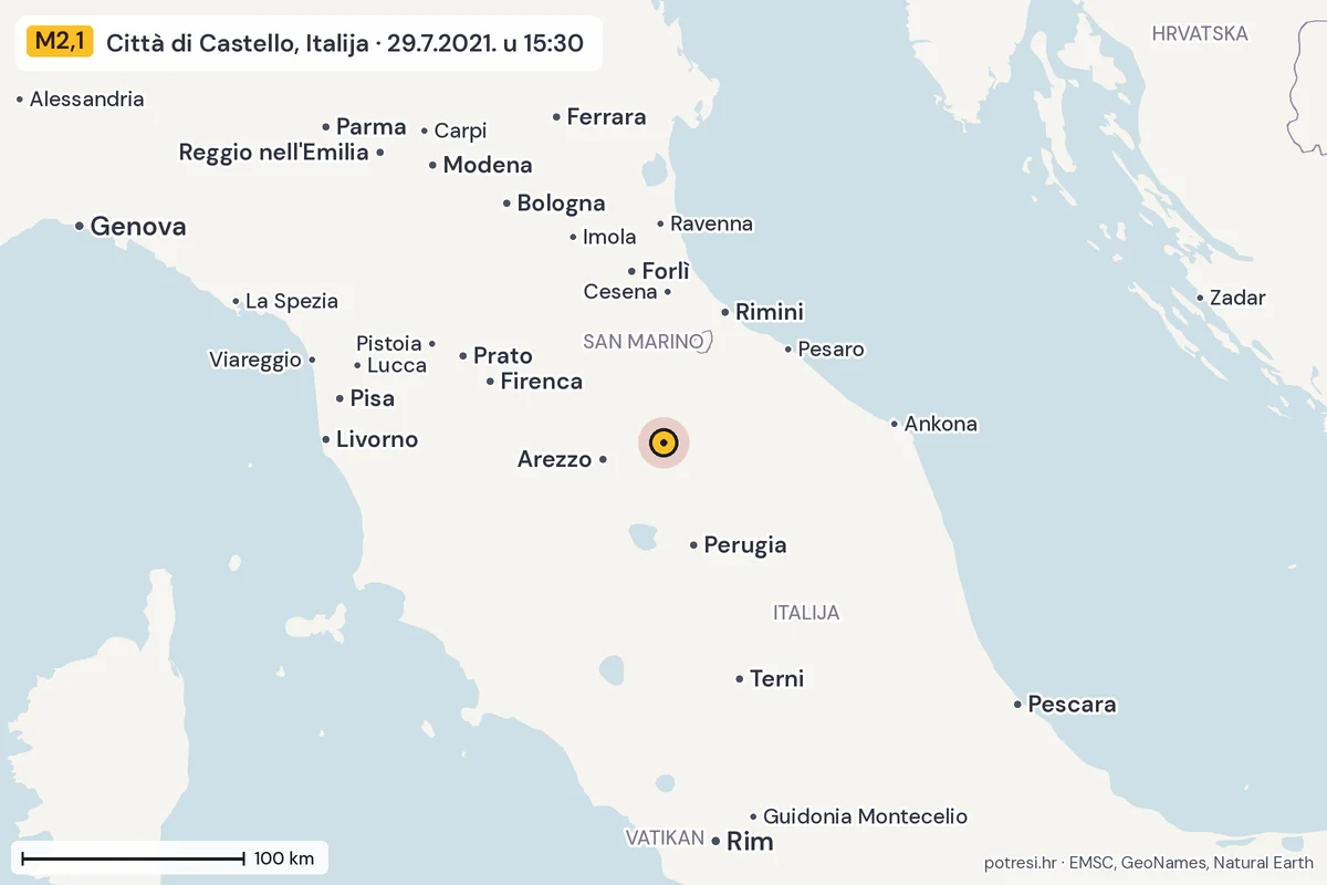 Karta: šire područje, 600 km, potres M2,1, Città di Castello, Italija, 29.7.2021.