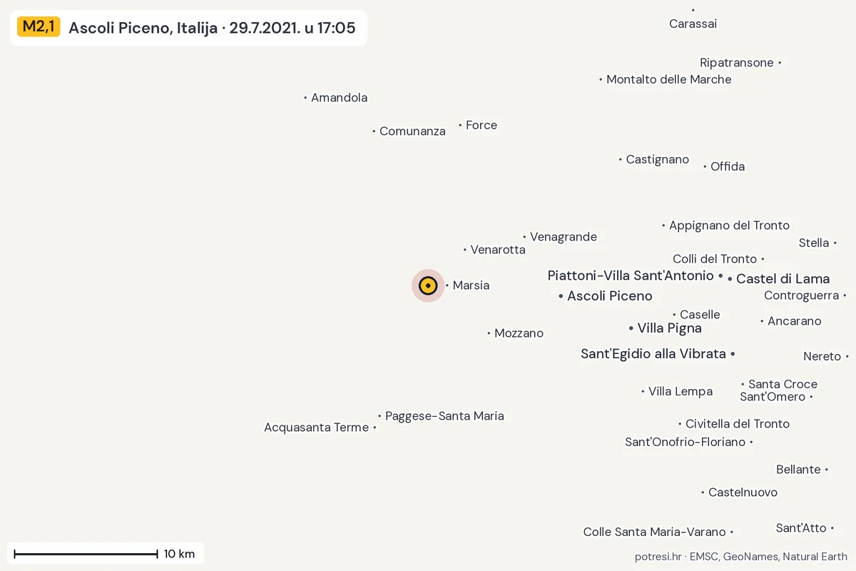 Karta: okolica epicentra, 60 km, potres M2,1, Ascoli Piceno, Italija, 29.7.2021.