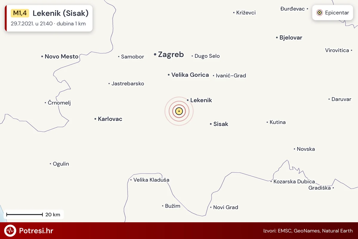 Karta: šire područje i vjerojatni doseg osjeta, potres M1,4, Lekenik (Sisak), 29.7.2021.