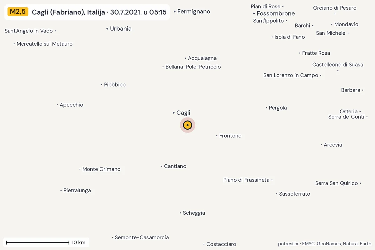 Karta: okolica epicentra, 60 km, potres M2,5, Cagli (Fabriano), Italija, 30.7.2021.