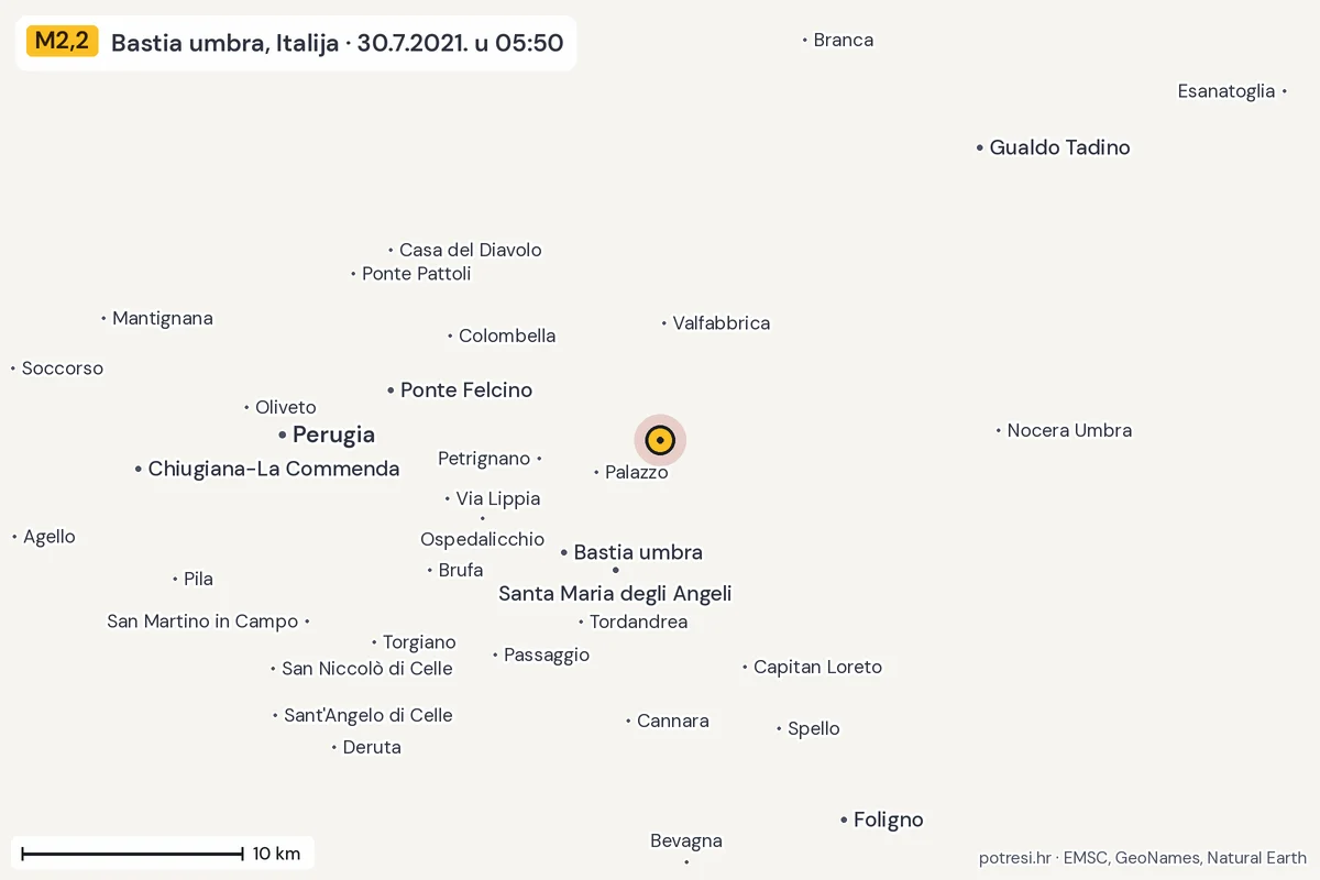 Karta: okolica epicentra, 60 km, potres M2,2, Bastia umbra, Italija, 30.7.2021.
