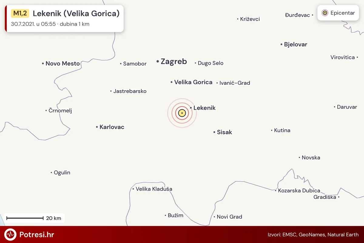 Karta: šire područje i vjerojatni doseg osjeta, potres M1,2, Lekenik (Velika Gorica), 30.7.2021.