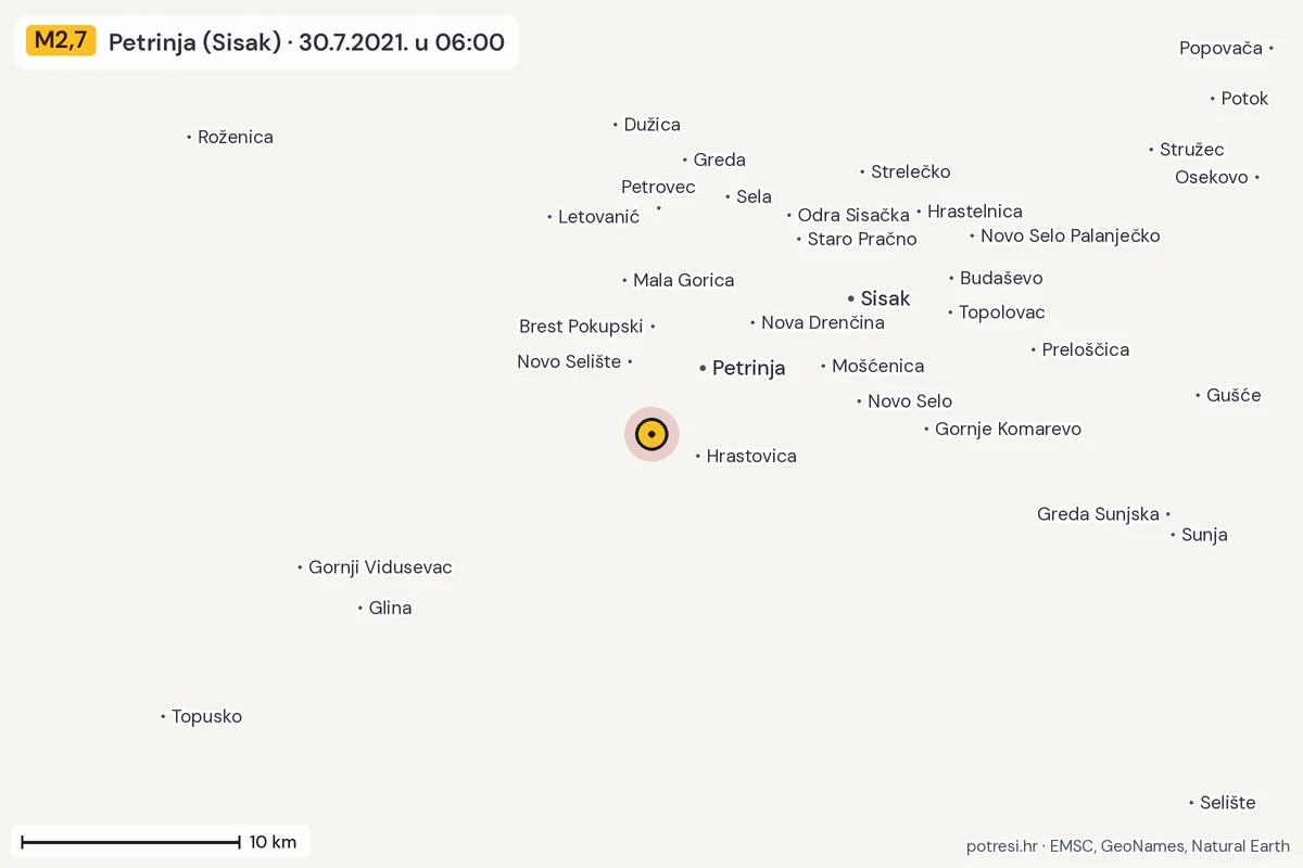 Karta: okolica epicentra, 60 km, potres M2,7, Petrinja (Sisak), 30.7.2021.