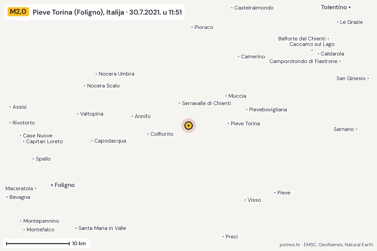 Karta: okolica epicentra, 60 km, potres M2,0, Pieve Torina (Foligno), Italija, 30.7.2021.