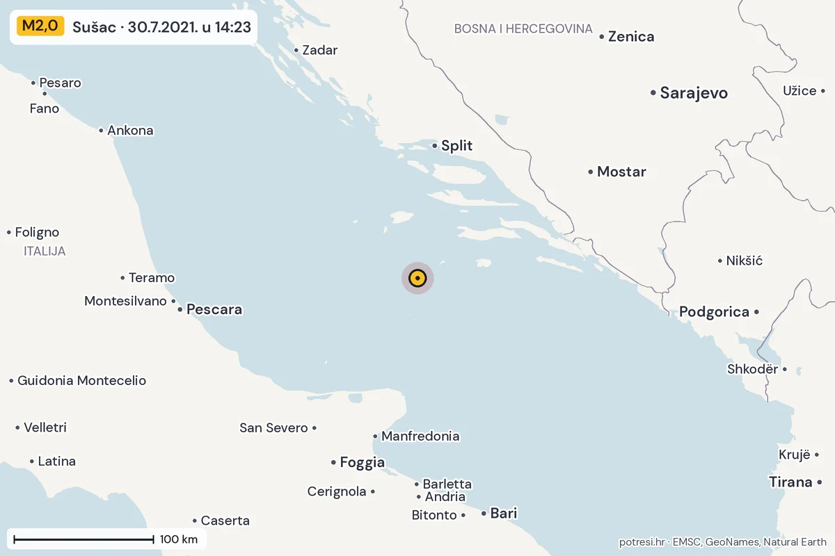 Karta: šire područje, 600 km, potres M2,0, Sušac, 30.7.2021.