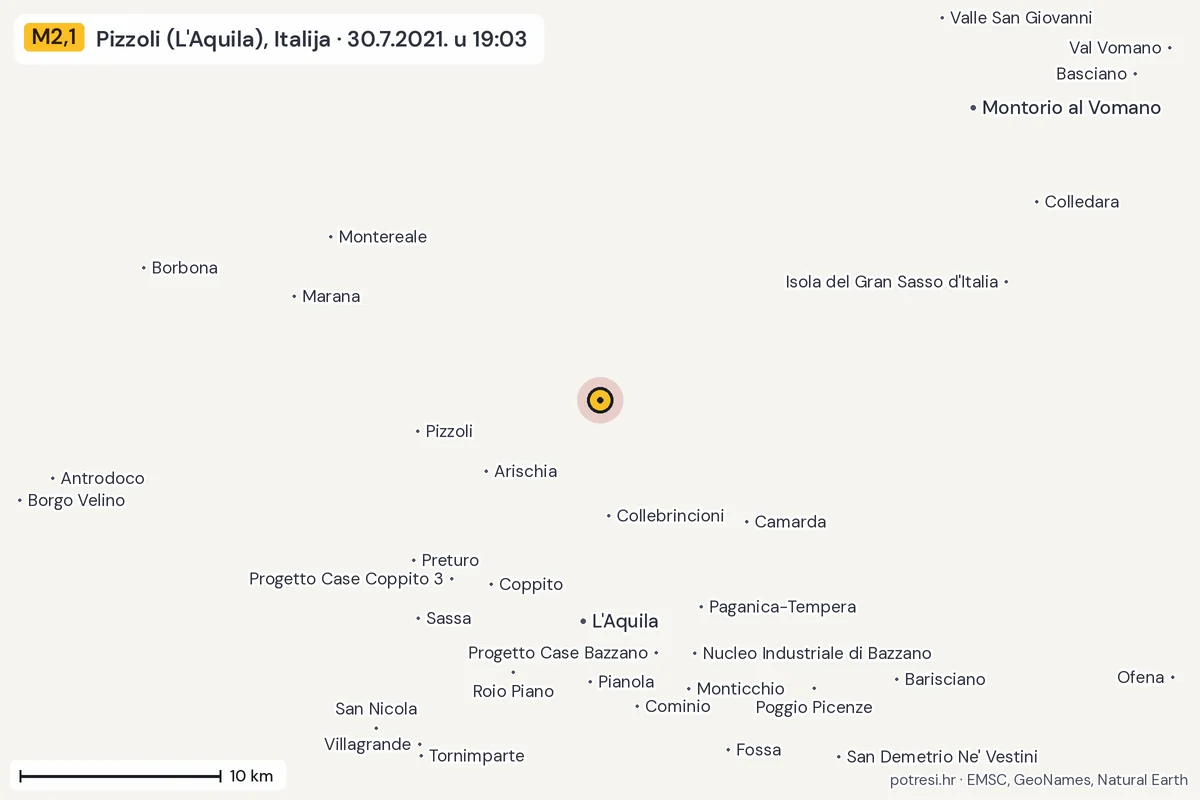 Karta: okolica epicentra, 60 km, potres M2,1, Pizzoli (L'Aquila), Italija, 30.7.2021.