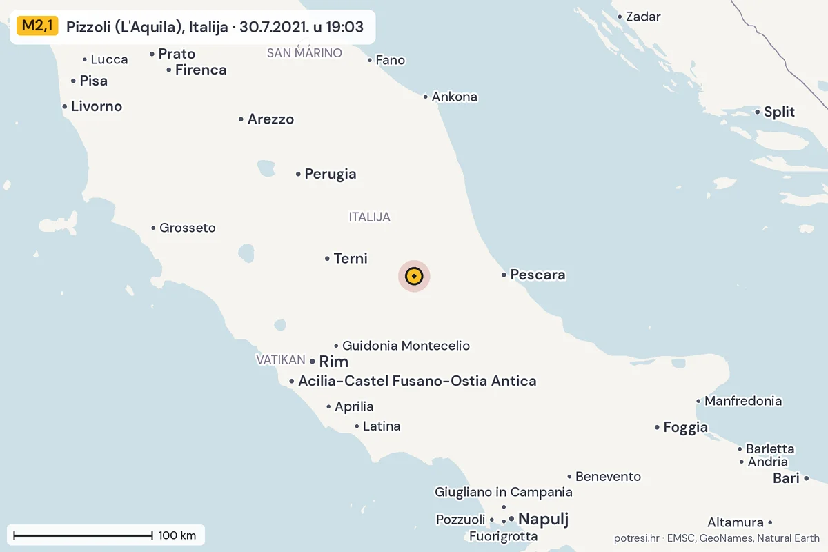 Karta: šire područje, 600 km, potres M2,1, Pizzoli (L'Aquila), Italija, 30.7.2021.