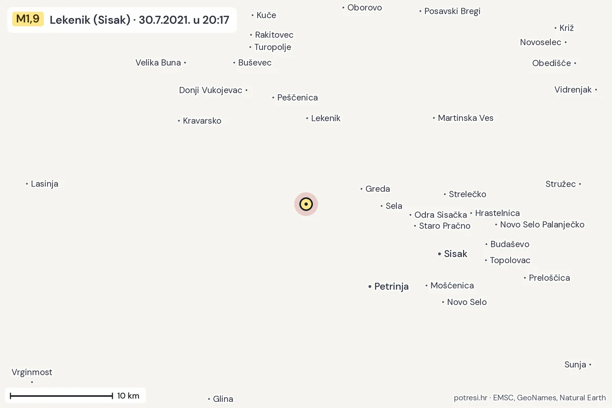 Karta: okolica epicentra, 60 km, potres M1,9, Lekenik (Sisak), 30.7.2021.